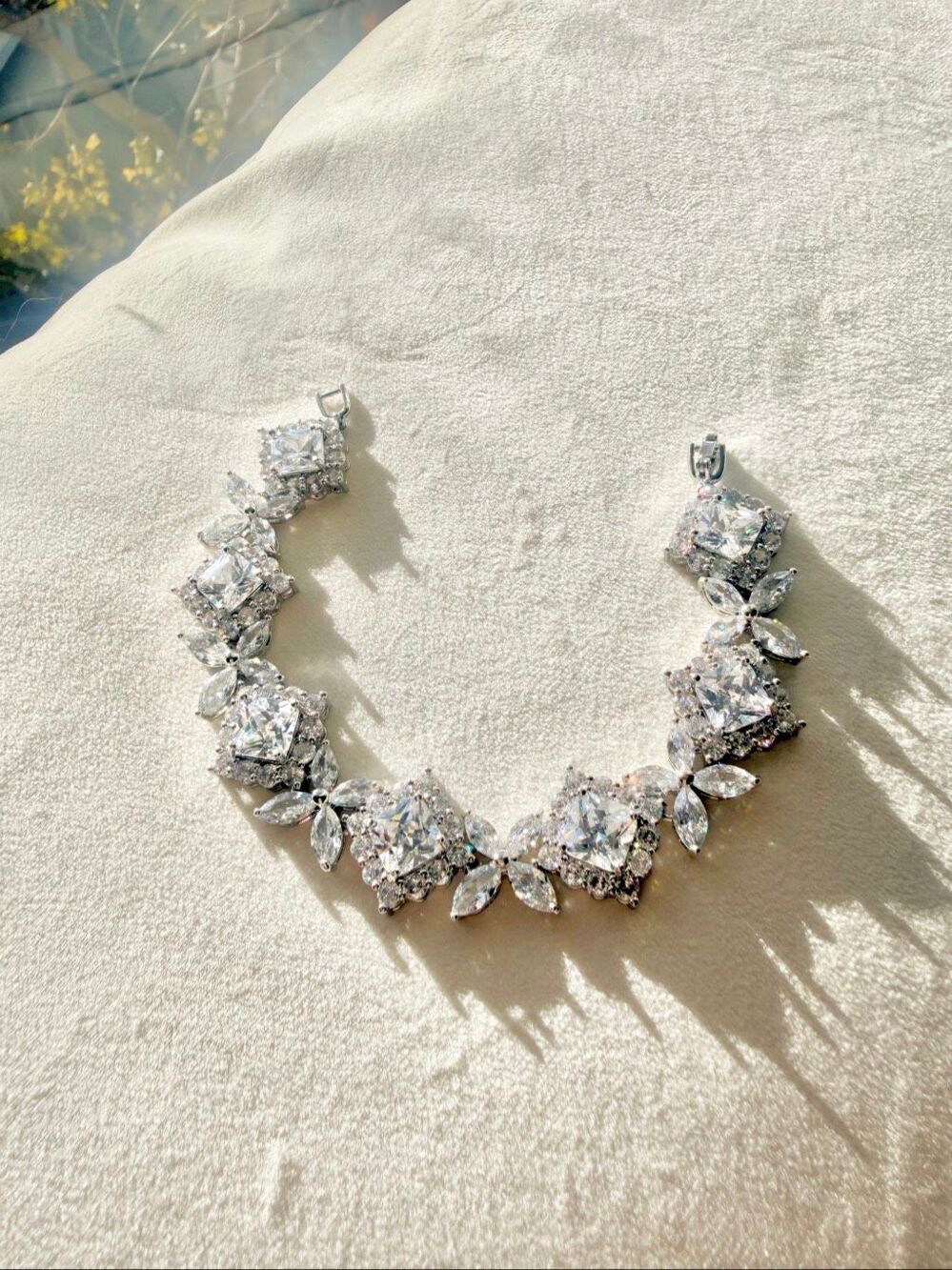 Cubic Zirconia Square Cut Floral Tennis Bracelet Silver Statement Bridal